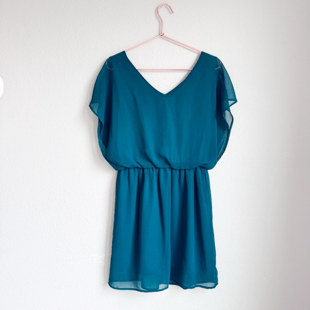 Lush Hunter Green Chiffon Mini Dress V Neck Flowy Cocktail Wedding Guest M - Picture 3 of 6
